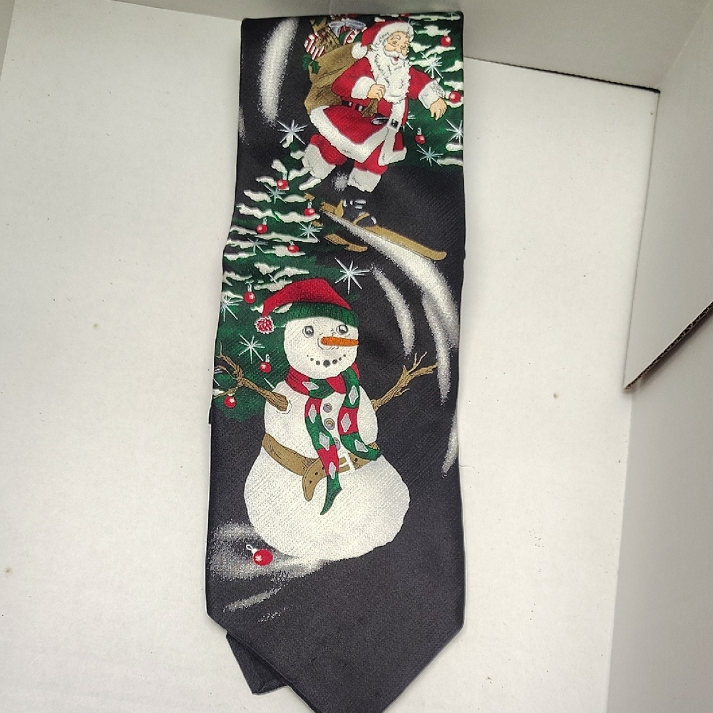 Hallmark Festive Tie with Santa and Snowman - Black and Green